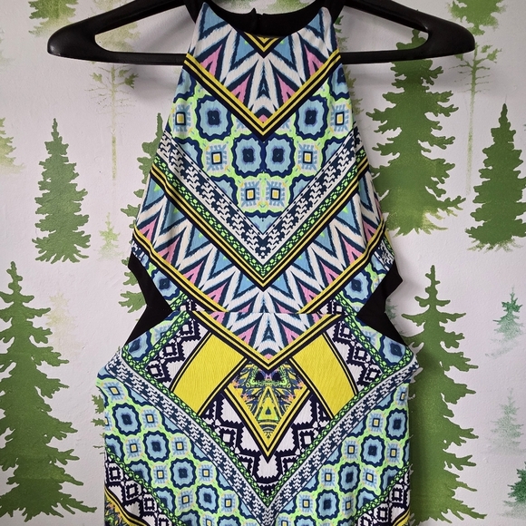 Vibrant Geometric Print Halter Cut Out Dress. - Picture 3 of 9